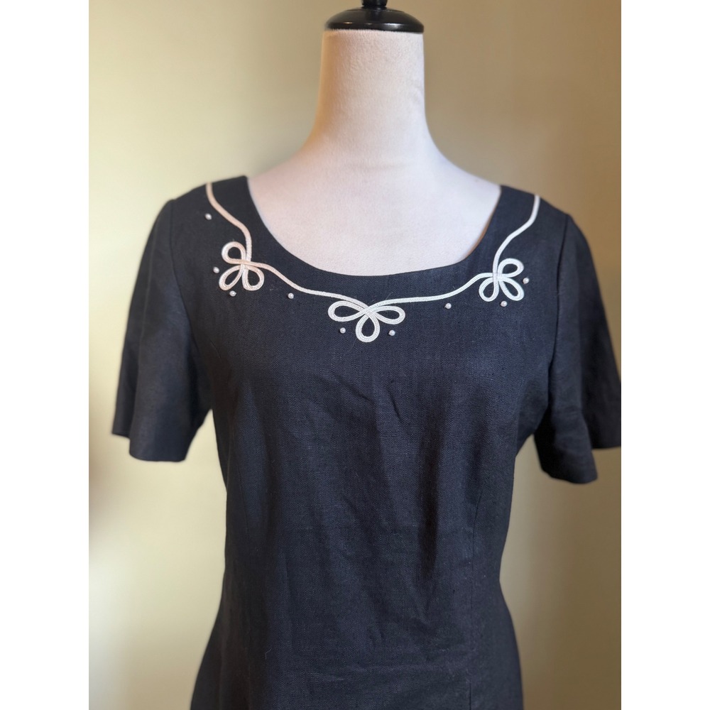 Ellen Ashley Black Linen Sheath‎ Dress White 8 retro embroidered coquette beaded - Picture 2 of 4